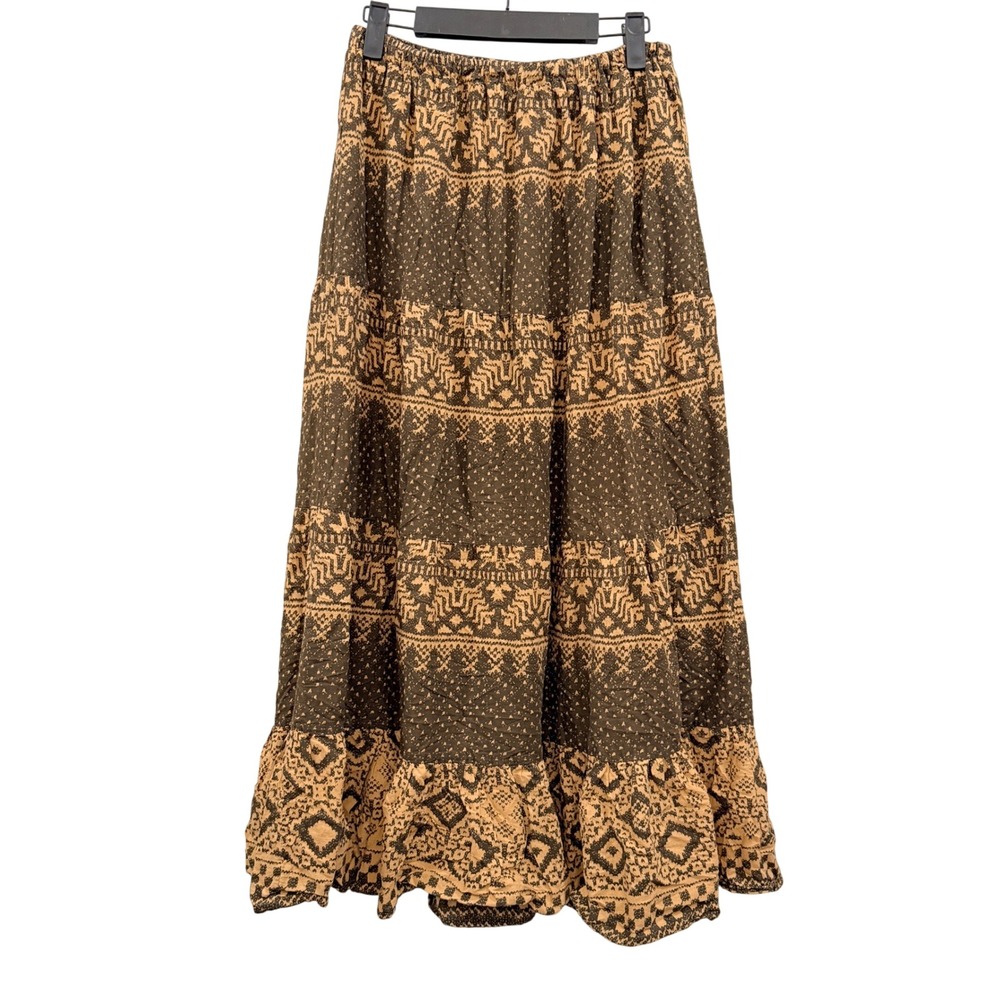 She's Cool Women Small Maxi Skirt Brown Tan Tribal Geometric Tiered Cotton Lined